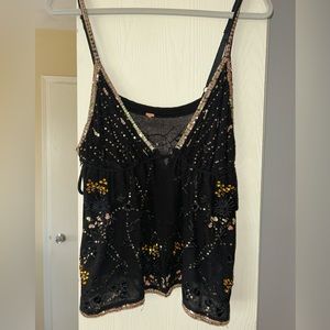 Free People Black Floral Sequin Spaghetti Strap Top